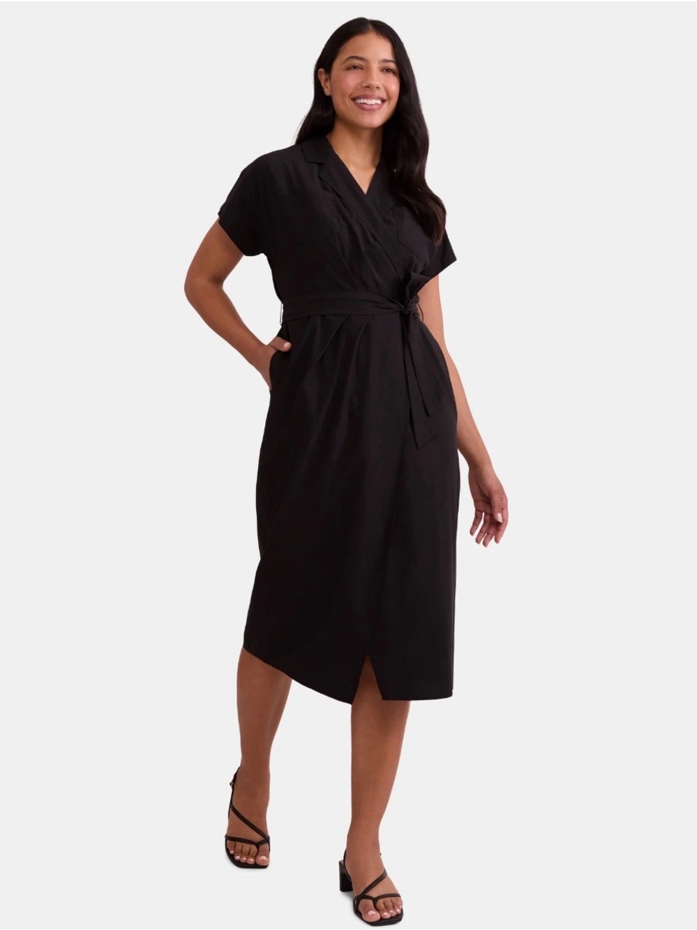 Time and Tru Women's Black Midi Wrap Shirt Dress